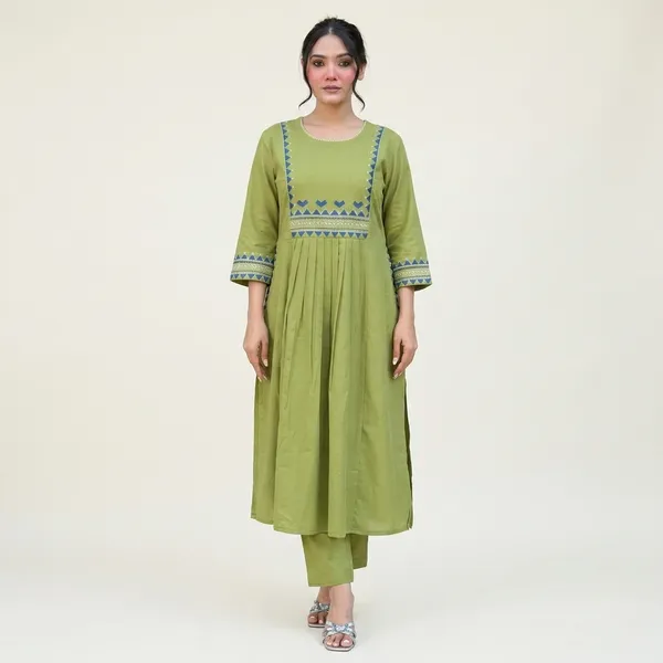 Olive_Green_Rayon_Kurti_With_Pant_Set_For_Women