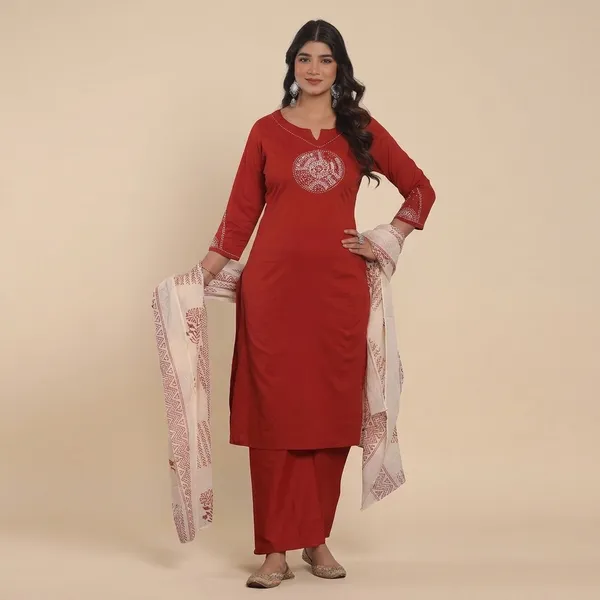 Red_Cotton_Kurti_With_Pant_Set_For_Women