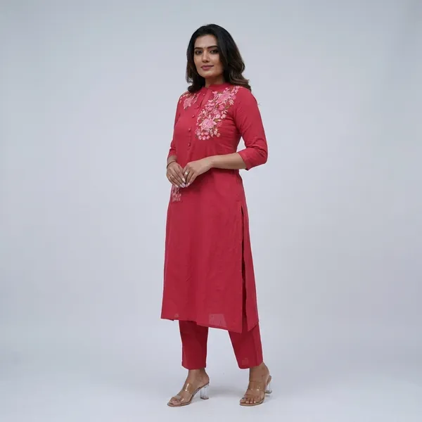 Red_Cotton__Polyester_Kurti_With_Pant_For_Women
