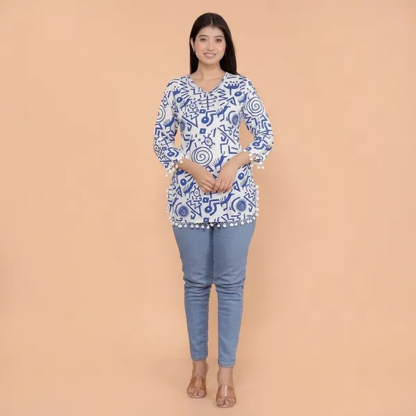 White__And_Blue_Cotton_Straight_Kurti_For_Women