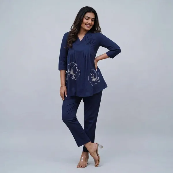 Navy_Blue_Cotton_Polyester_Kurti_Co-Ord_Set_For_Women