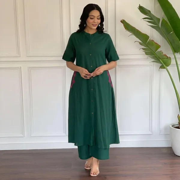 Green_Cotton_Polyester_Kurti_With_Palazzo_For_Women