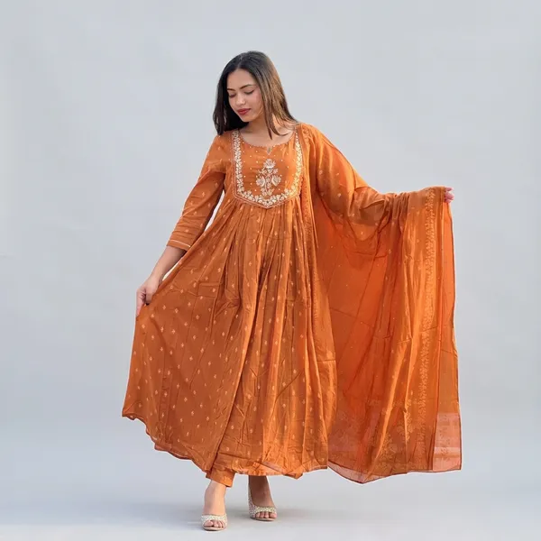 Orange_Cotton_Anarkali_Kurti_With_Pant_Set_For_Women