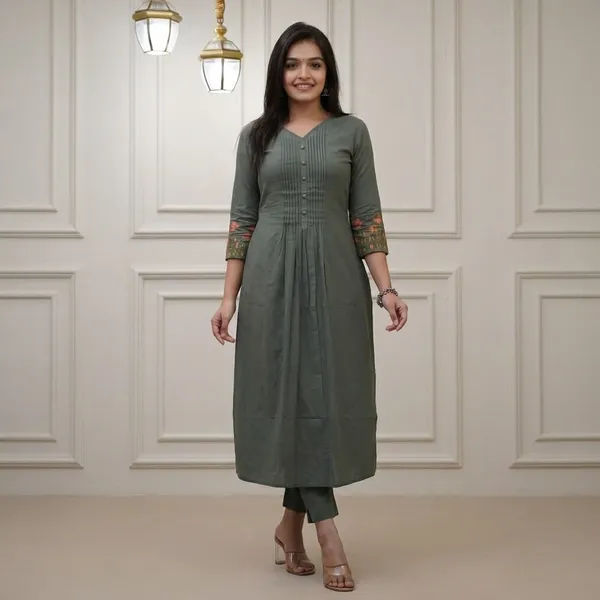 Green_Cotton_Polyester_Kurti_With_Pant_For_Women