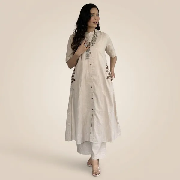 Beige_Cotton__Polyester_Kurti_With_Pant_For_Women