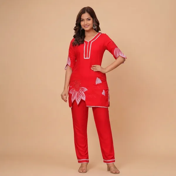 Red_Cotton__Polyester__Kurti_With_Pant_For_Women