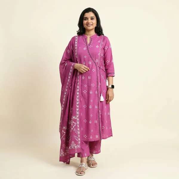 Purple_Cotton__Polyester_Anarkali_Kurti_With_Pant_Set_For_Women
