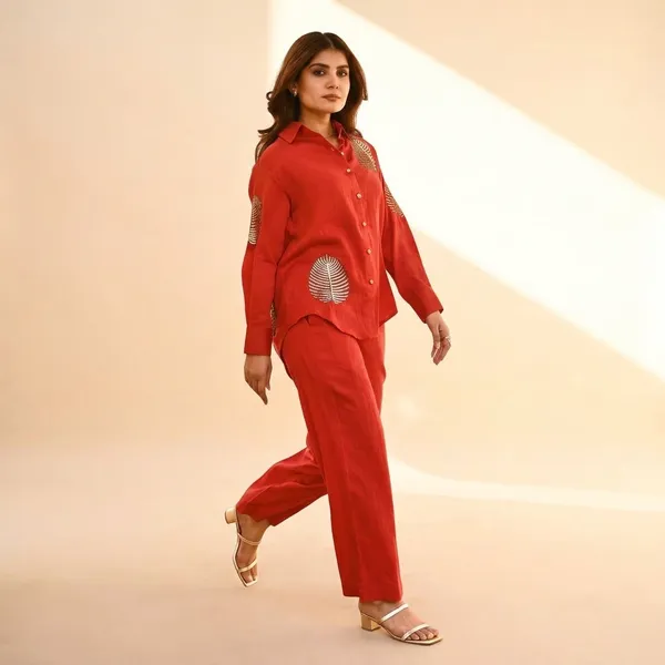 Red_Cotton__Polyester__Tunic_Kurti_With_Pant_Set_For_Women
