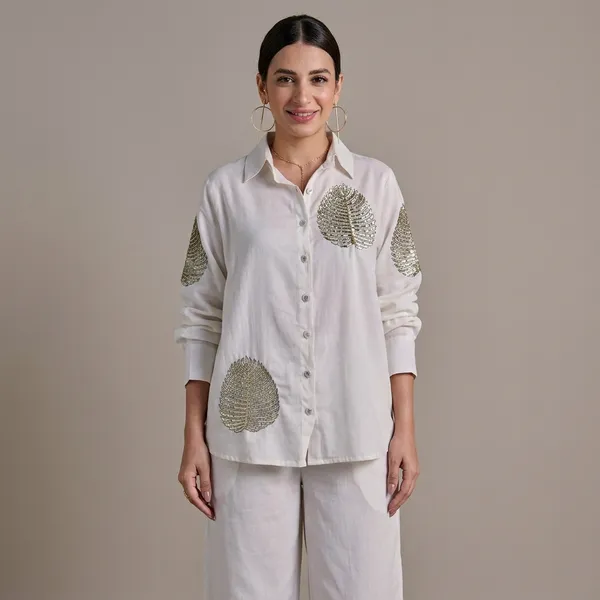 White_Cotton_Polyester_Tunic_Kurti_With_Pant_Set_For_Women