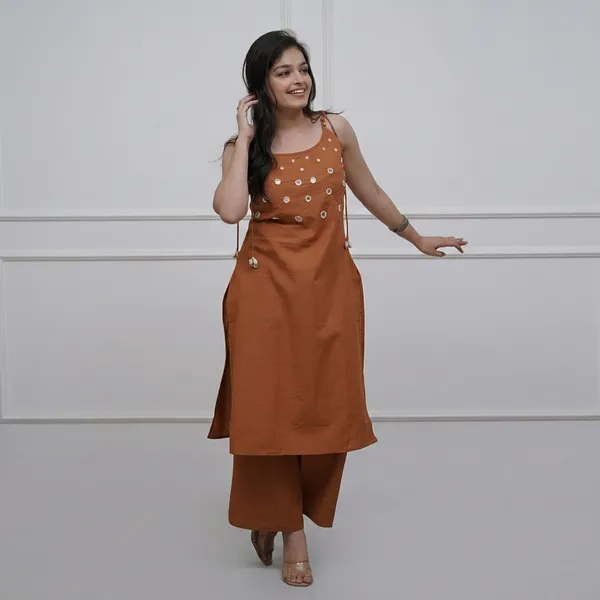 Brown_Cotton_Kurti_With_Pant_Set_For_Women