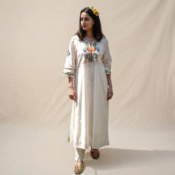 White_Cotton__Polyeste_Kurti_With_Pant_For_Women