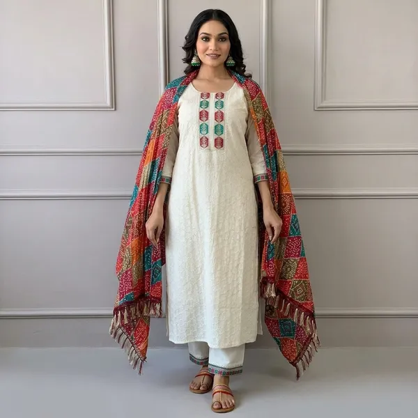 White_Cotton__Polyester__Kurti_With_Pant_Set_For_Women