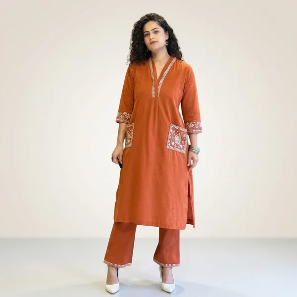 Rust_Red_Cotton_Kurti_With_Pant_Set_For_Women