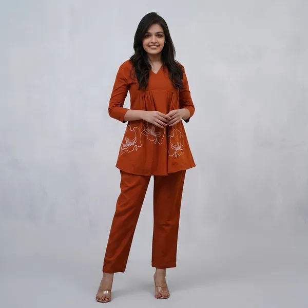 Orange_Cotton__Polyester__Anarkali_Kurti_With_Pant_Co-Ord_Set_For_Women