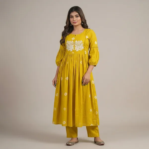 Yellow_Cotton_Polyester__Anarkali_Kurti_With_Pant_For_Women