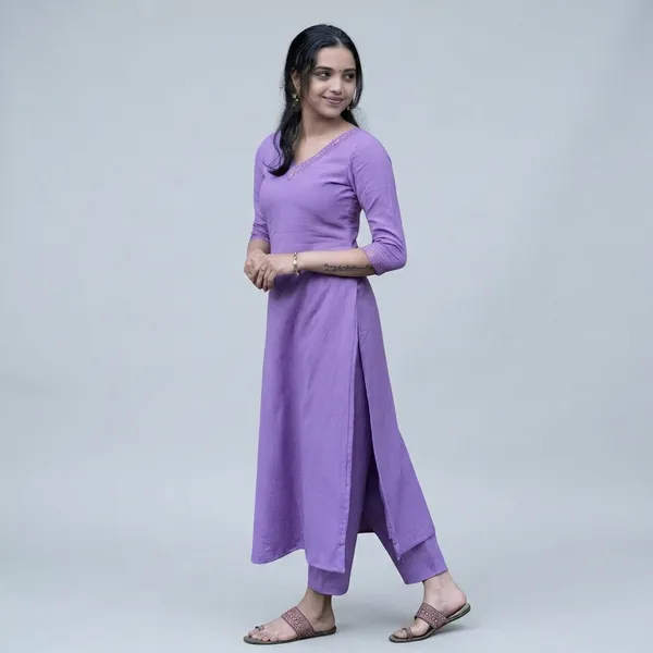 Purple_Cotton__Polyester_V-Neck_Kurti_With_Pant_For_Women