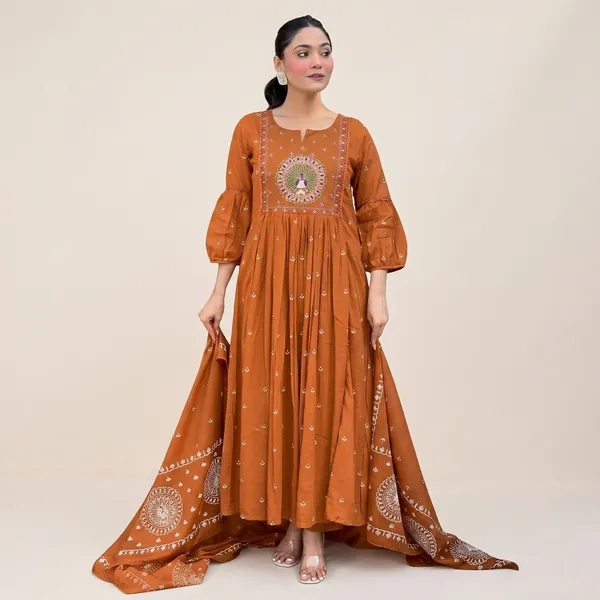 Orange_Cotton_Anarkali_Kurti_Set_For_Women