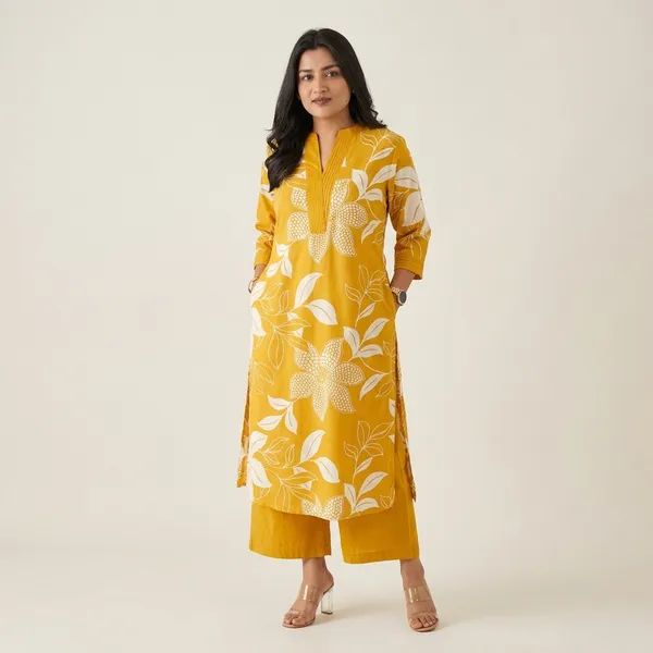 Yellow_Cotton_Kurti_With_Pant_Set_For_Women