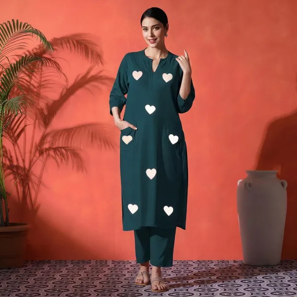 Teal_Blue_Cotton_Kurti_With_Pant_Set_For_Women