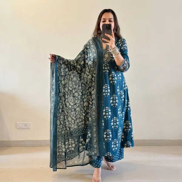 Blue_Cotton__Polyester_Anarkali_Kurti_With_Pant_Set_For_Women