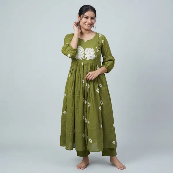 Mehndi_Cotton_Polyester_Anarkali_Kurti_With_Pant_For_Women