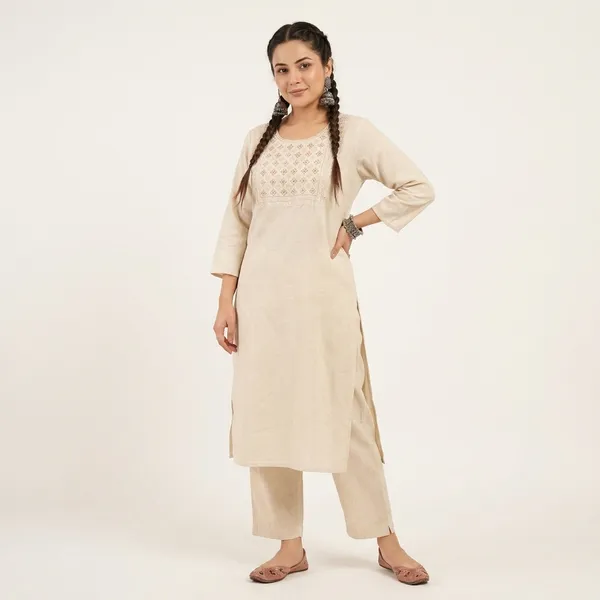 Cream_Cotton__Polyester_Kurti_With_Pant_For_Women