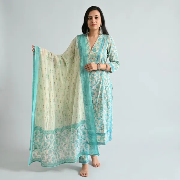 Green_Cotton_Polyester_Anarkali_Kurti_With_Pant_Set_For_Women