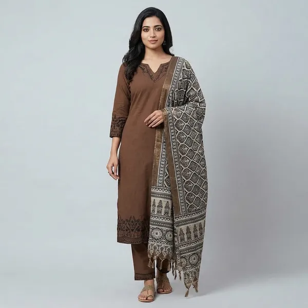 Brown_Cotton_Polyester_Kurti_With_Pant_Set_For_Women