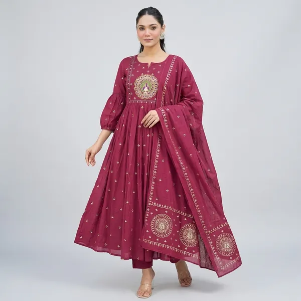 Burgundy_Cotton_Anarkali_Kurti_Set_For_Women