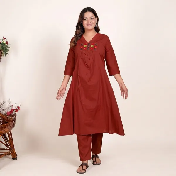 Maroon_Cotton_Anarkali_Kurti_With_Pant_For_Women