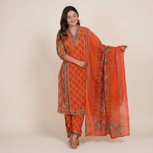 Orange_Cotton_Kurti_With_Pant_Set_For_Women