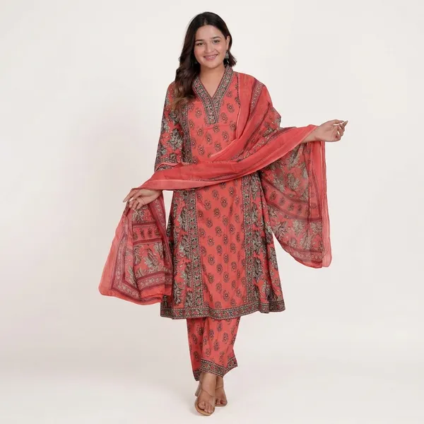 Peach_Cotton_Kurti_With_Pant_Set_For_Women