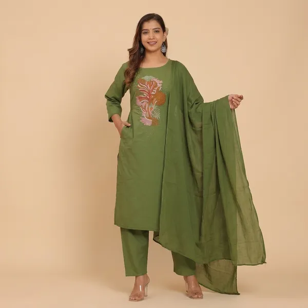 Green_Cotton_Kurti_With_Pant_Set_For_Women