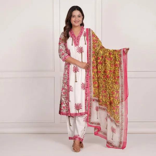 White__And_Pink_Cotton_Kurti_With_Pant_Set_For_Women