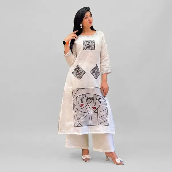 White_Cotton_Polyester_Straight_Kurti_With_Pant_For_Women