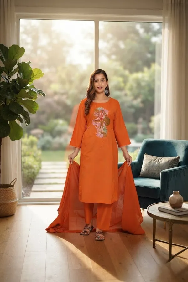 Orange_Cotton_Kurti_With_Pant_Set_For_Women
