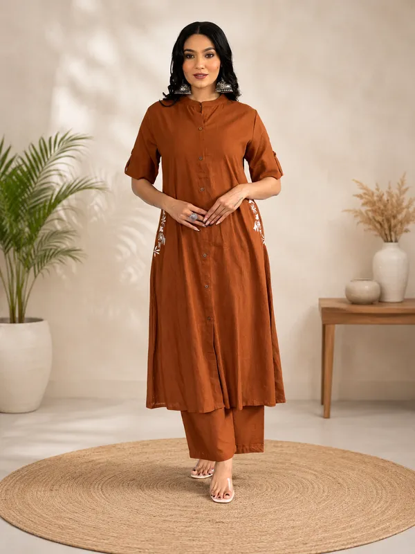 Brown_Cotton_Polyester__Kurti_With_Palazzo_For_Women