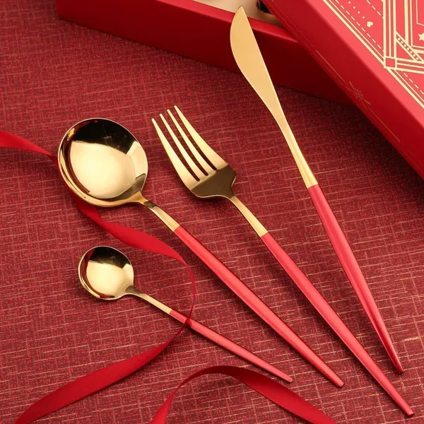 Stainless_Steel_Gold_Mirror_Finish_Red_Handle_4-Piece_Cutlery_Set