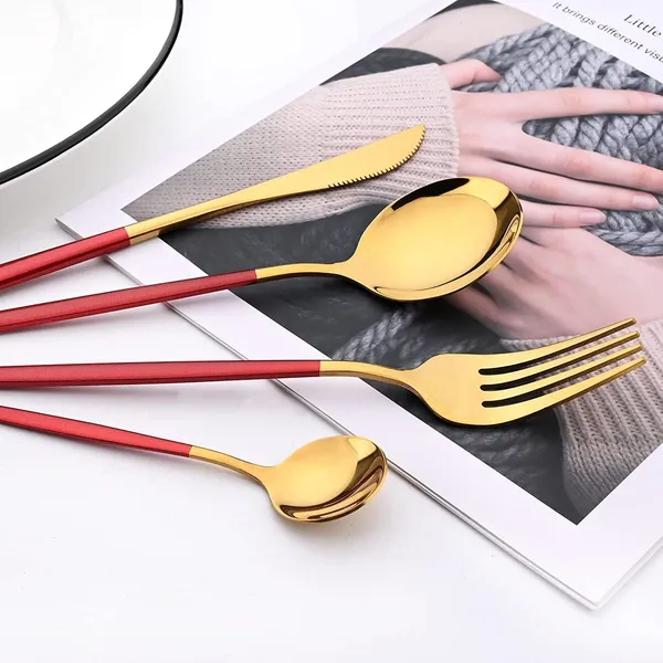 Stainless_Steel_Gold_Mirror_Finish_Red_Handle_4-Piece_Cutlery_Set