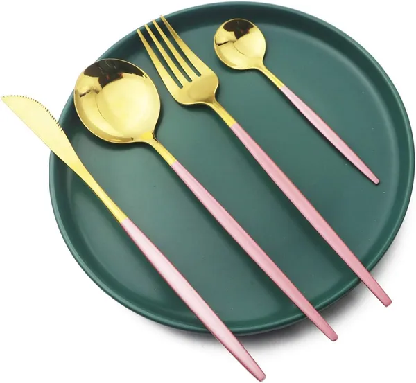 Gold_Stainless_Steel_Mirror_Finish_Pink_Handle_Cutlery_Set_4_Pieces