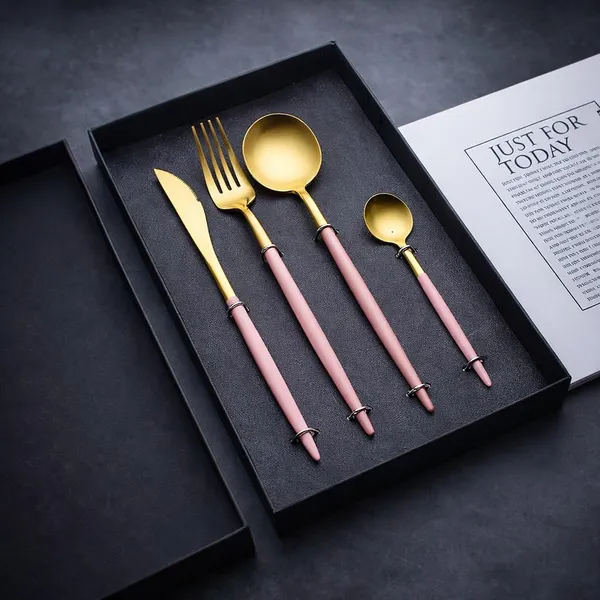 Gold_Stainless_Steel_Mirror_Finish_Pink_Handle_Cutlery_Set_4_Pieces