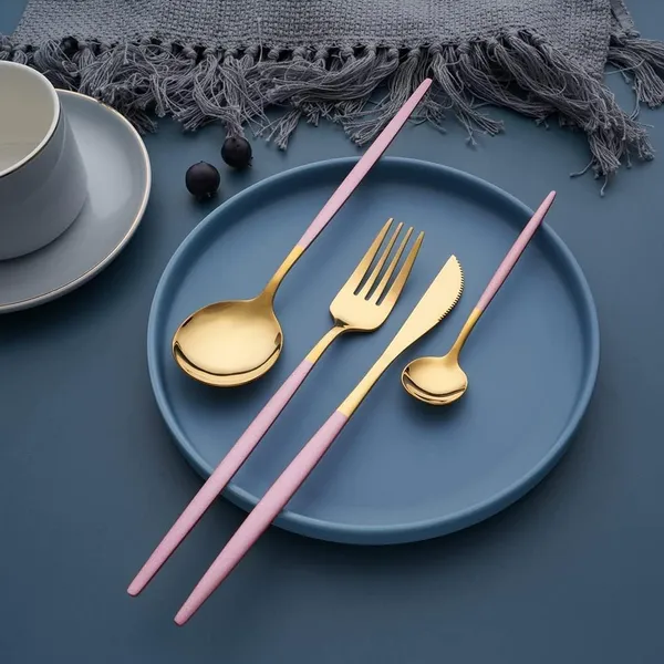 Gold_Stainless_Steel_Mirror_Finish_Pink_Handle_Cutlery_Set_4_Pieces