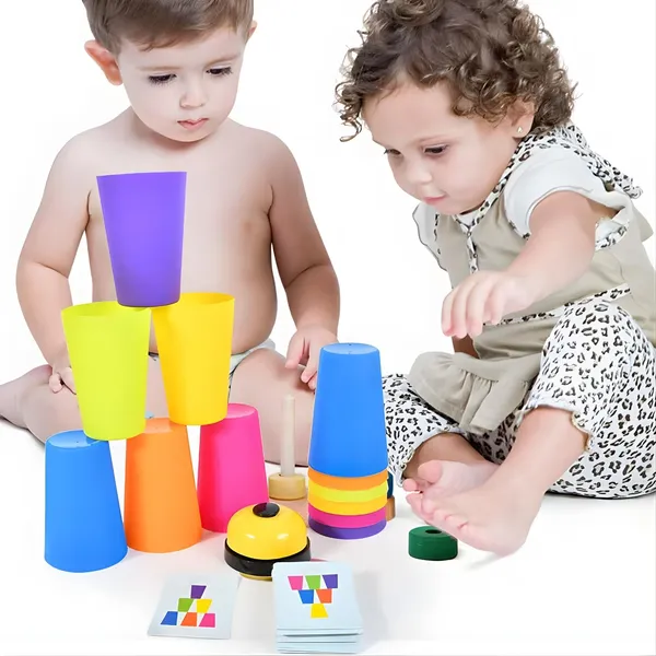 Montessori_Speed_Stacking_Cups_Game_With_Pattern_Cards_And_Bell