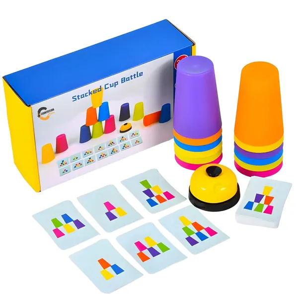 Montessori_Speed_Stacking_Cups_Game_With_Pattern_Cards_And_Bell