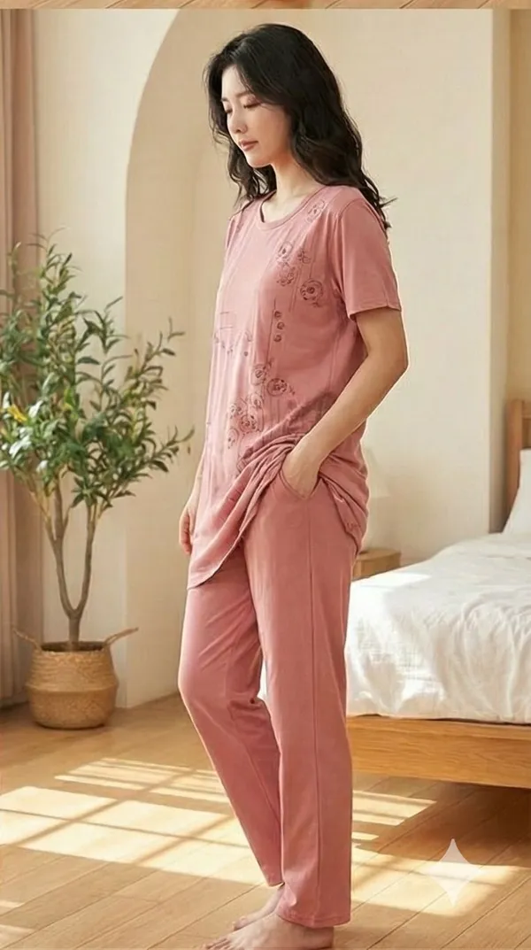 SKYBEN_Women_Printed_Peach_Night_Suit_Set