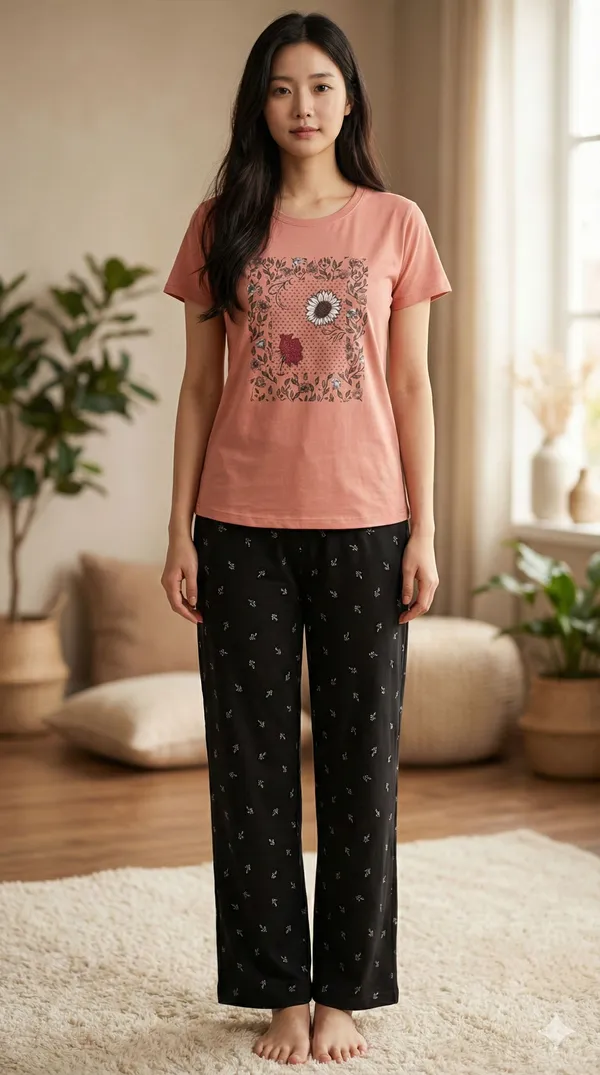 SKYBEN_Women_Printed_Peach_And_Black_Top_And_Pyjama_Set