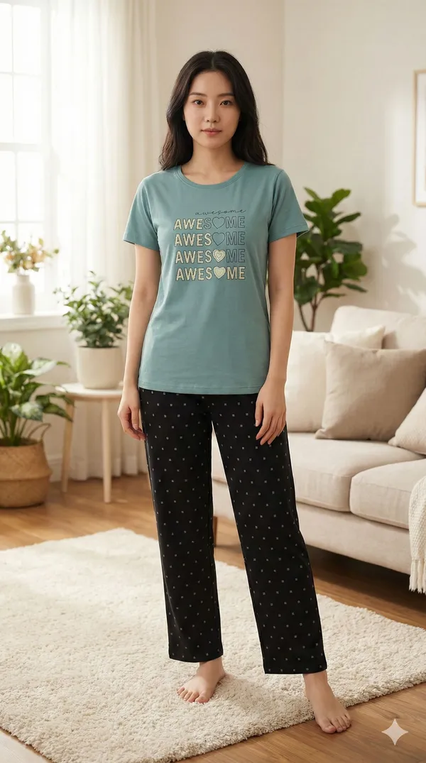 SKYBEN_Women_Printed_Sage_Green_And_Black_Top_And_Pyjama_Set