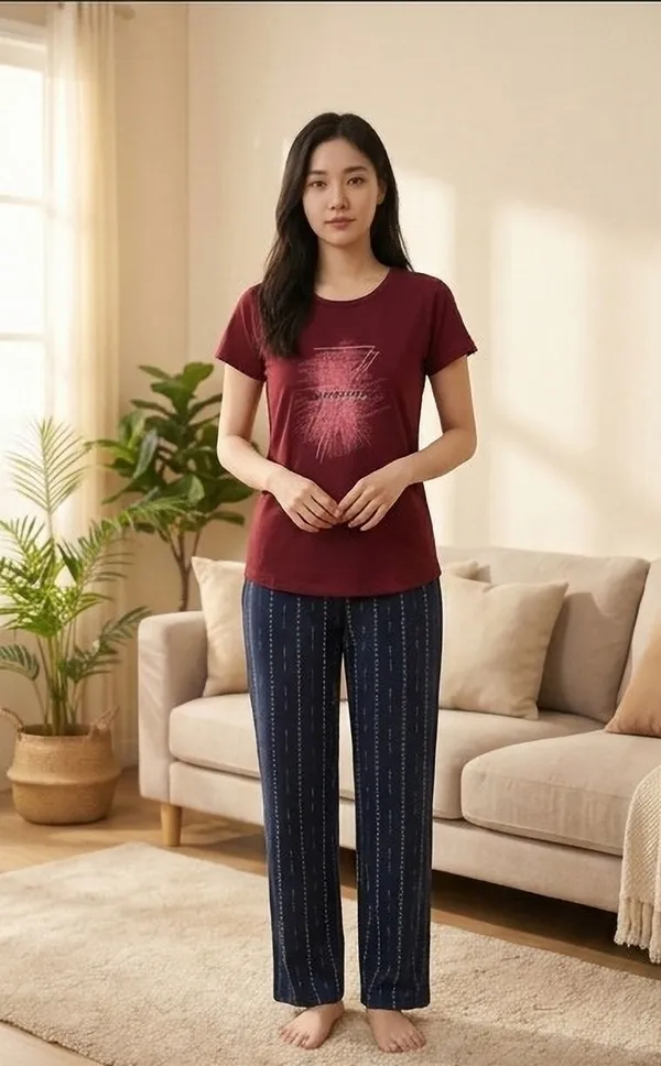 SKYBEN_Women_Printed_Maroon_And_Blue_Top_And_Pyjama_Set