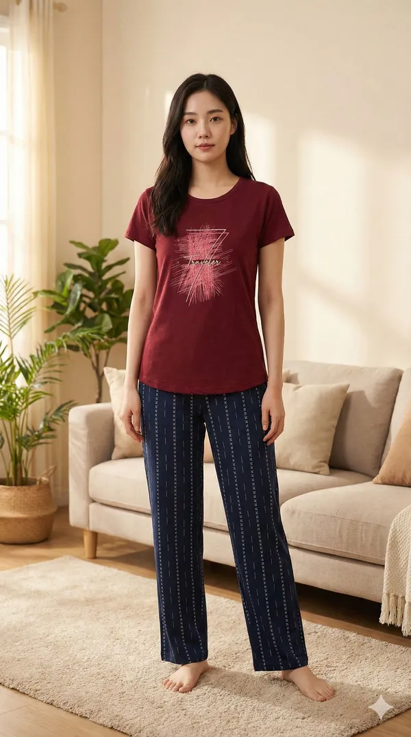 SKYBEN_Women_Printed_Maroon_And_Blue_Top_And_Pyjama_Set