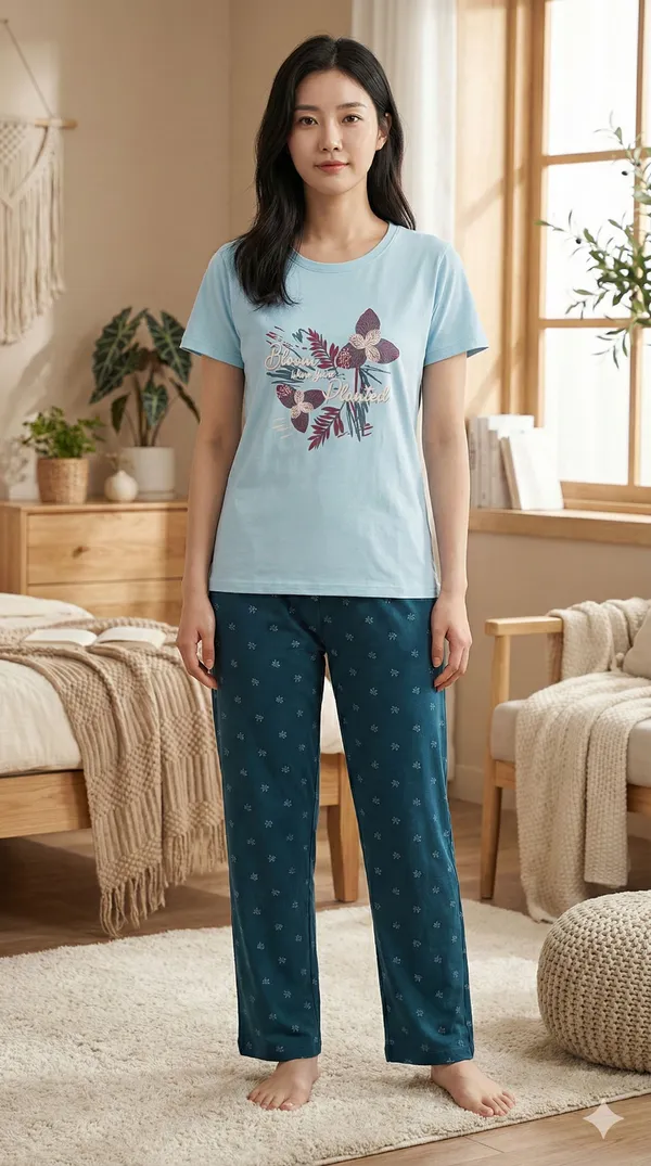 SKYBEN_Women_Printed_Sky_Blue_And_Teal_Top_And_Pyjama_Set